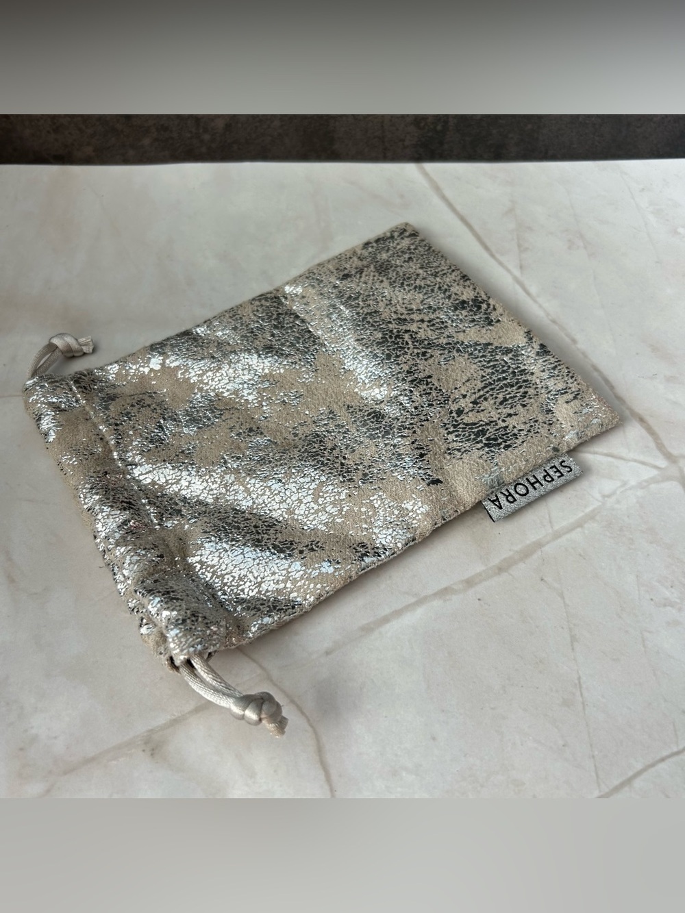 Sephora Silver Metallic Crackle Drawstring Pouch